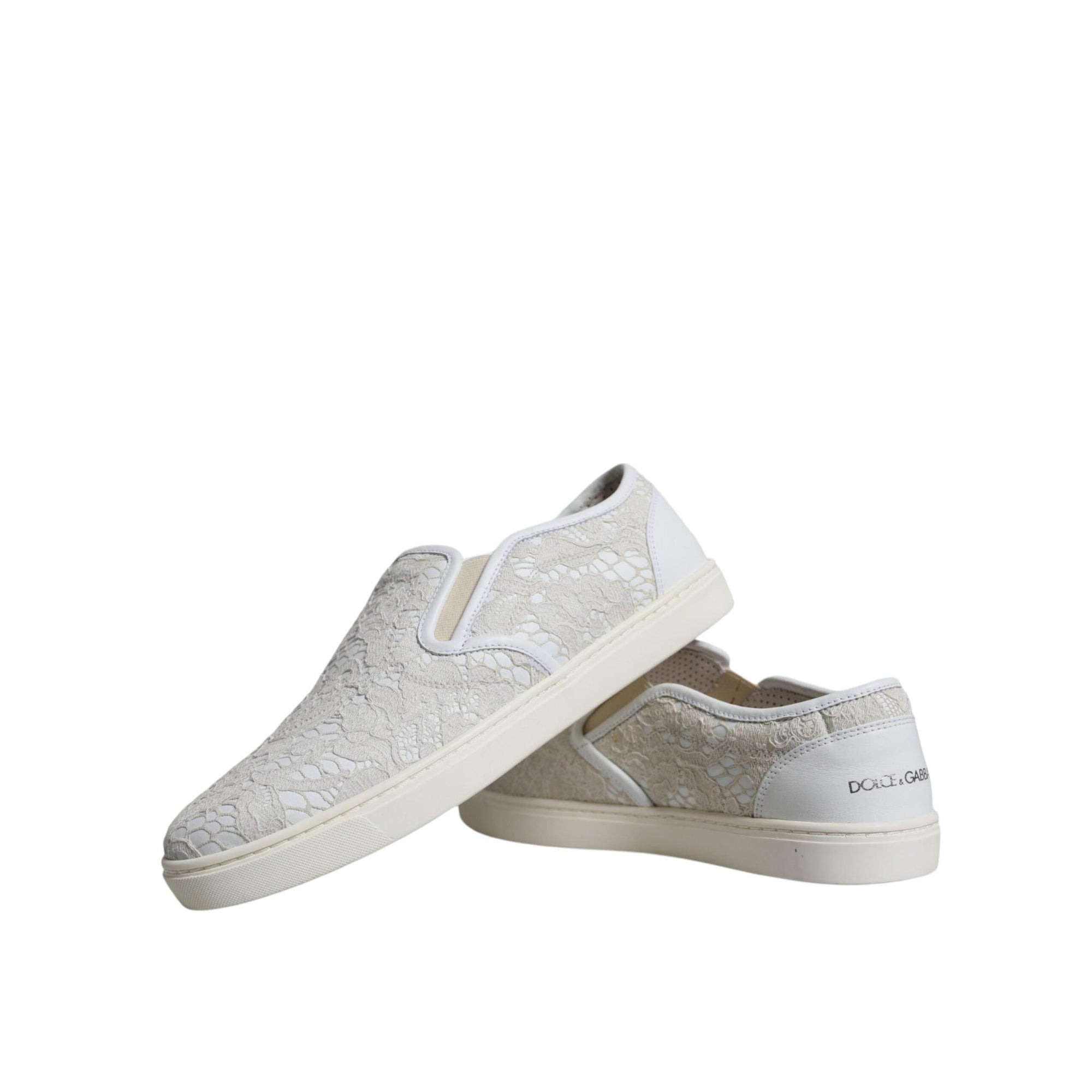 Dolce &amp; Gabbana White Leather Lace Slip On Loafers Shoes