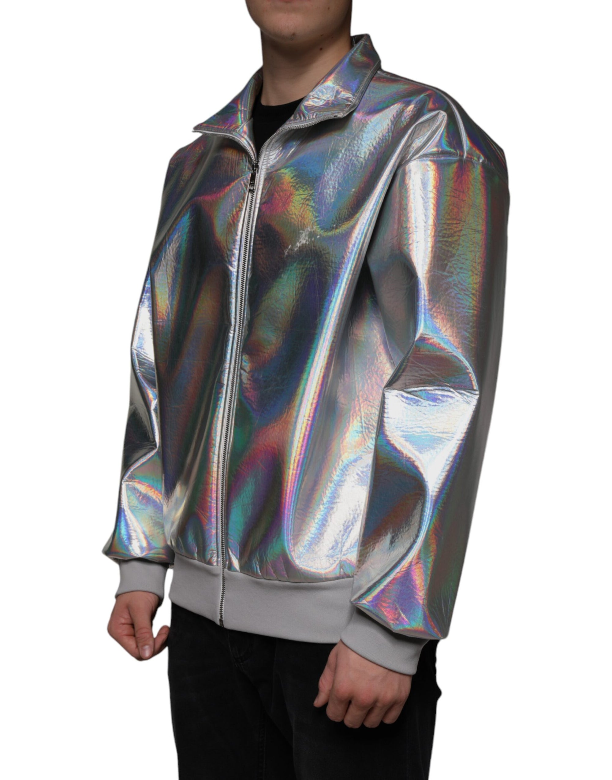 Dolce &amp; Gabbana Silver Iridescent Full Zip Men Bomber Jacket