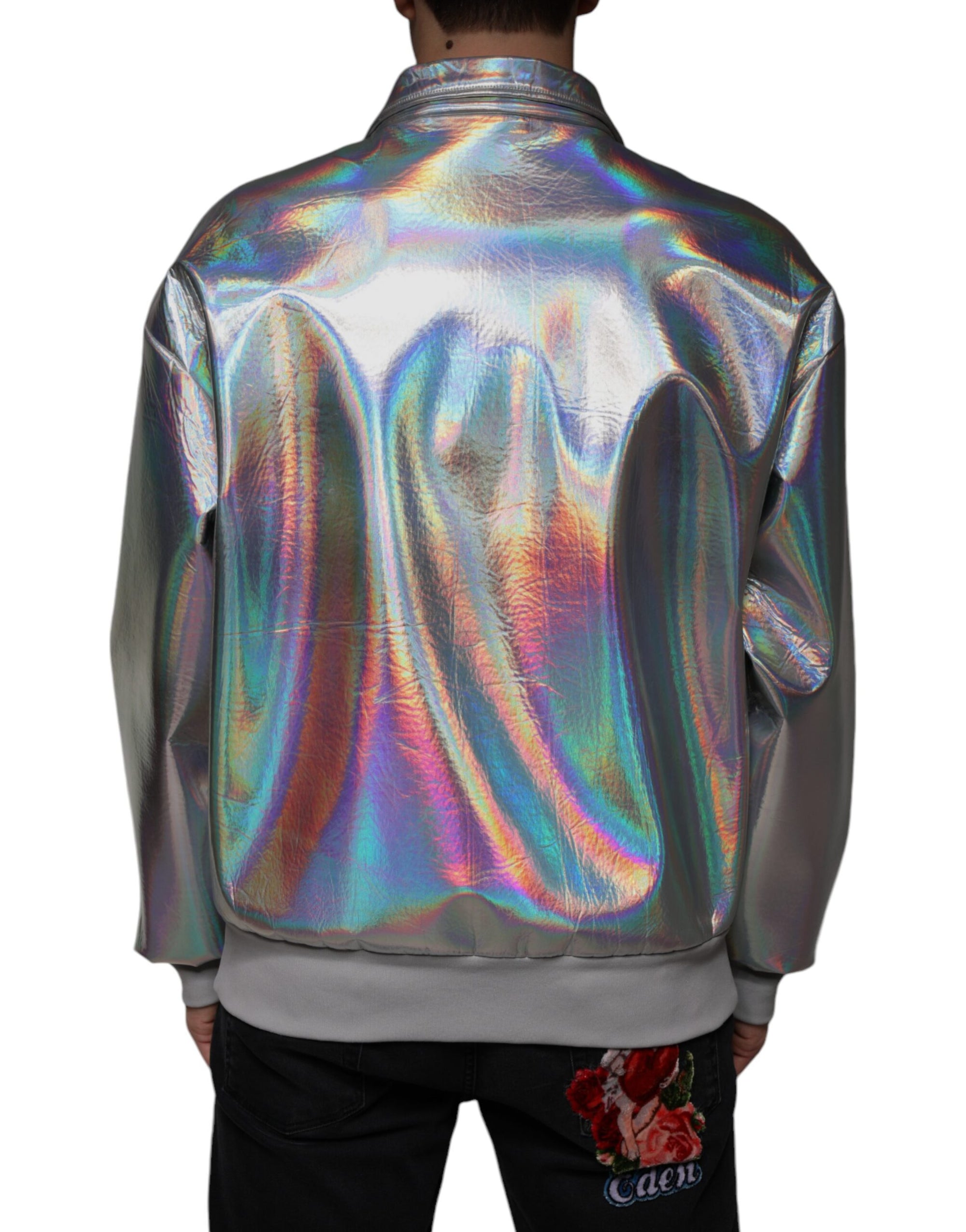 Dolce &amp; Gabbana Silver Iridescent Full Zip Men Bomber Jacket