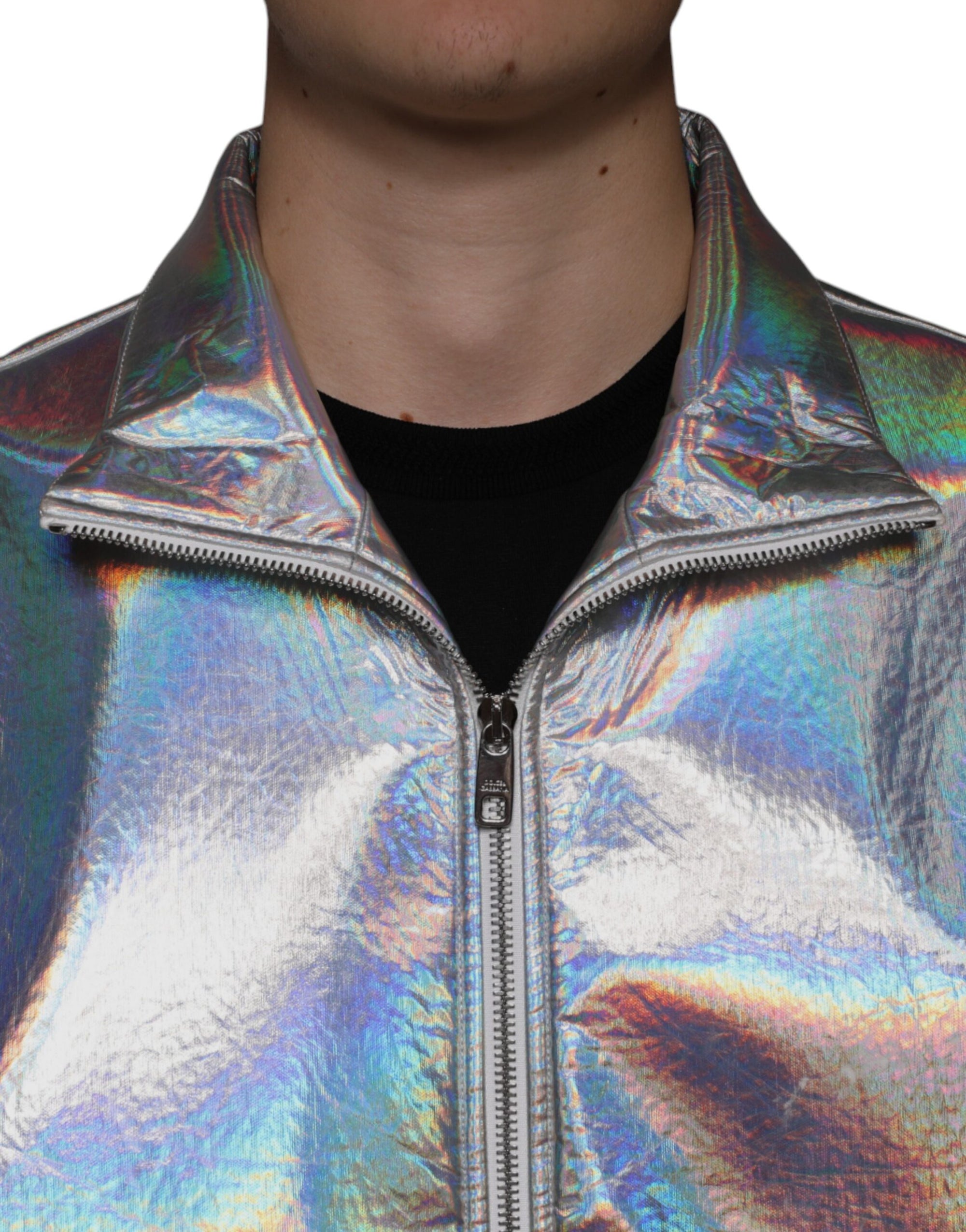 Dolce &amp; Gabbana Silver Iridescent Full Zip Men Bomber Jacket