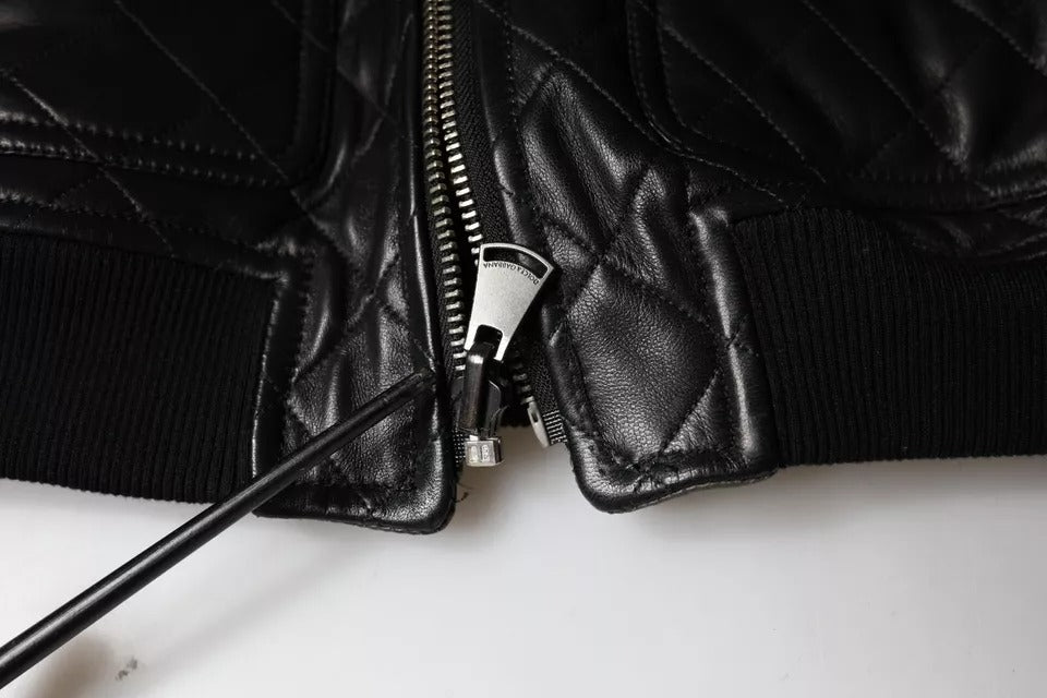 Dolce &amp; Gabbana Black Calf Leather Quilted Full Zip Jacket
