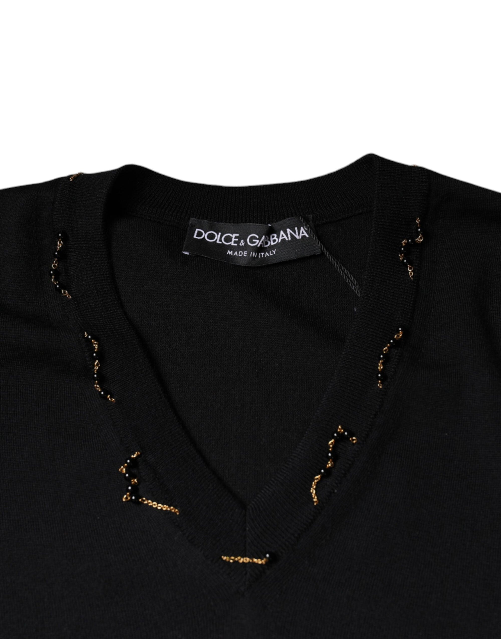 Dolce &amp; Gabbana Black Embellished V-neck Pullover Sweater