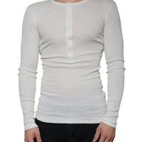 Dolce & Gabbana White Cotton Henley Crew Neck Pullover Sweater