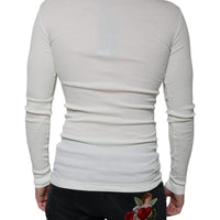 Dolce & Gabbana White Cotton Henley Crew Neck Pullover Sweater