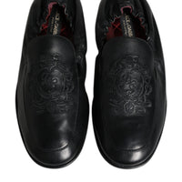 Dolce & Gabbana Black Logo Embroidered Leather Loafer Men Dress Shoes