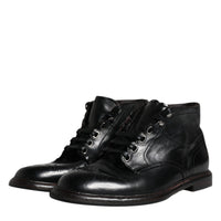 Dolce & Gabbana Black Leather Men Short Boots Lace Up Shoes