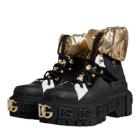 Dolce & Gabbana Black Gold Leather Trekking Ankle Boots Shoes