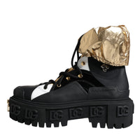 Dolce & Gabbana Black Gold Leather Trekking Ankle Boots Shoes