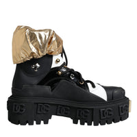 Dolce & Gabbana Black Gold Leather Trekking Ankle Boots Shoes