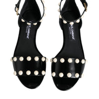 Dolce & Gabbana Black Leather Pearls Ankle Strap Sandals Shoes