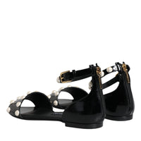 Dolce & Gabbana Black Leather Pearls Ankle Strap Sandals Shoes