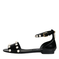 Dolce & Gabbana Black Leather Pearls Ankle Strap Sandals Shoes