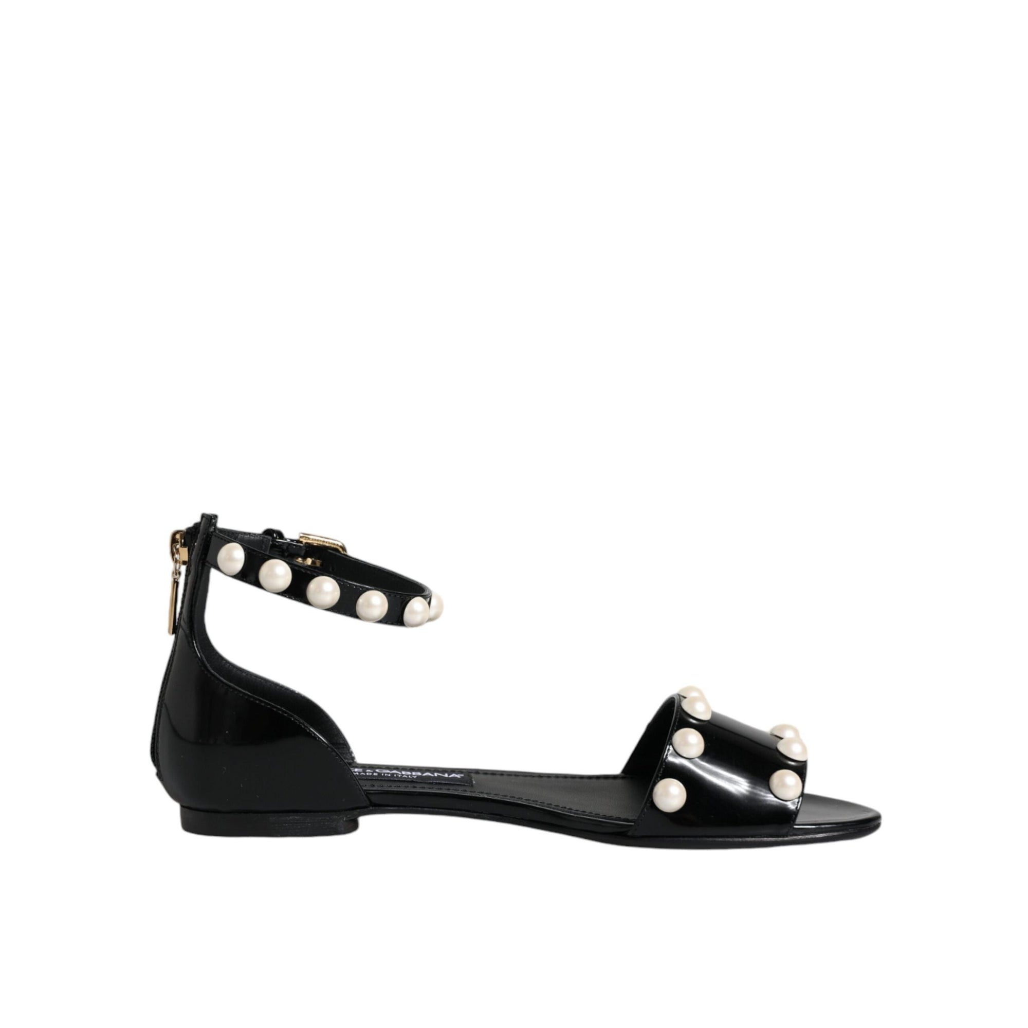 Dolce &amp; Gabbana Black Leather Pearls Ankle Strap Sandals Shoes