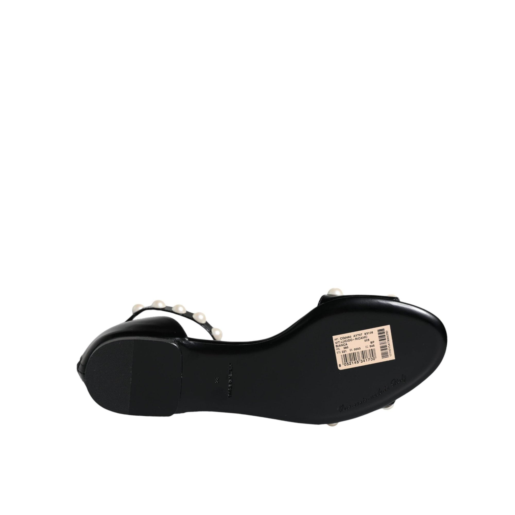 Dolce &amp; Gabbana Black Leather Pearls Ankle Strap Sandals Shoes