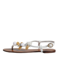 Dolce & Gabbana White Leather Coins Flip Flops Sandals Shoes