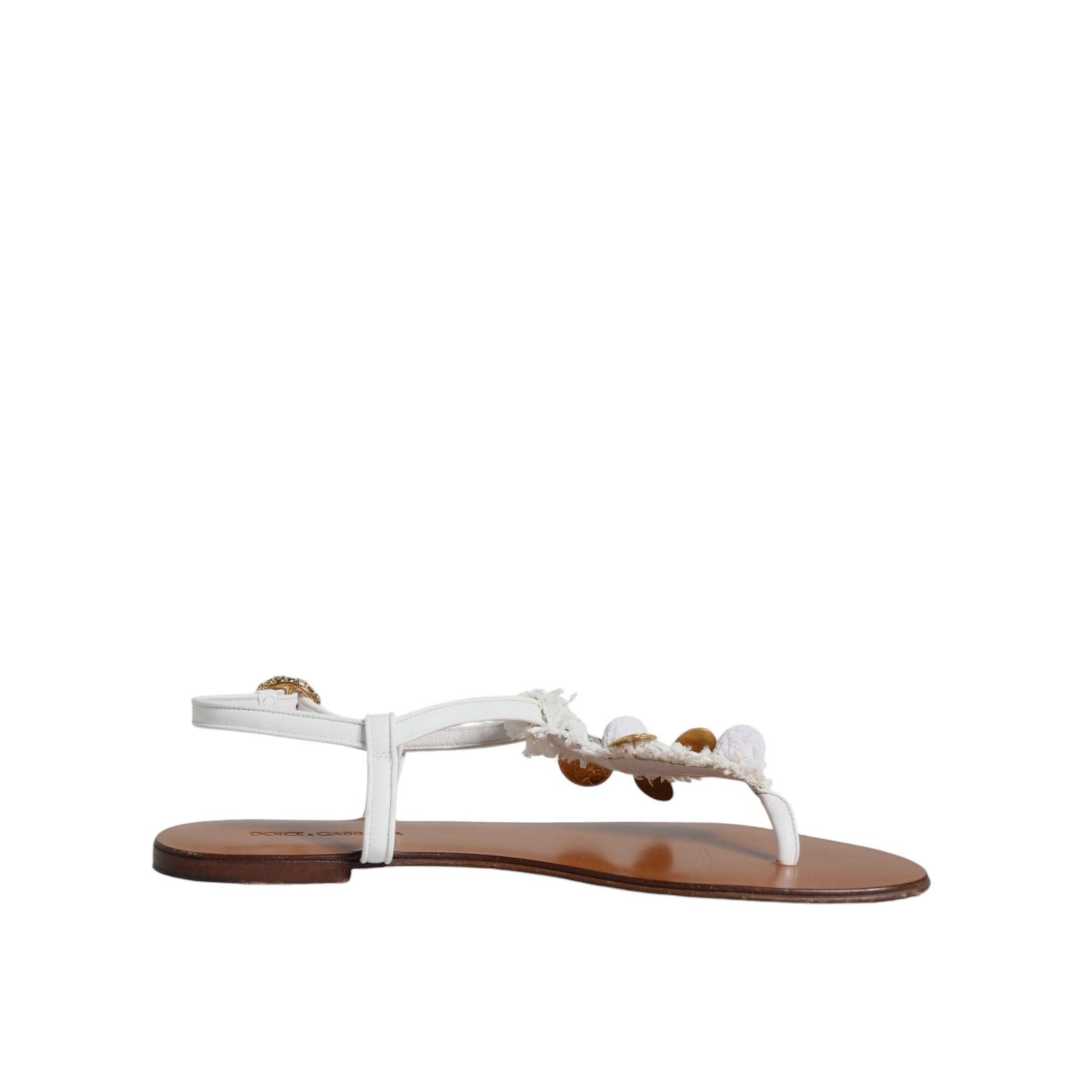 Dolce &amp; Gabbana White Leather Coins Flip Flops Sandals Shoes