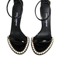 Dolce & Gabbana Black Keira Leather Faux Pearl Sandals Heels Shoes