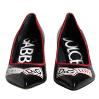 Dolce & Gabbana Black Leather Logo Print Heels Pumps Shoes