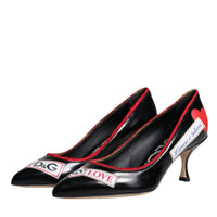 Dolce & Gabbana Black Leather Logo Print Heels Pumps Shoes