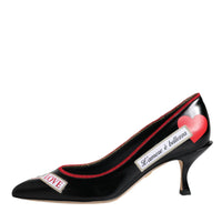 Dolce & Gabbana Black Leather Logo Print Heels Pumps Shoes