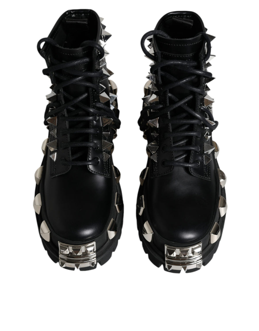 Dolce & Gabbana Black Leather Studded Trekking Boots Shoes