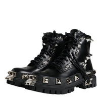 Dolce & Gabbana Black Leather Studded Trekking Boots Shoes