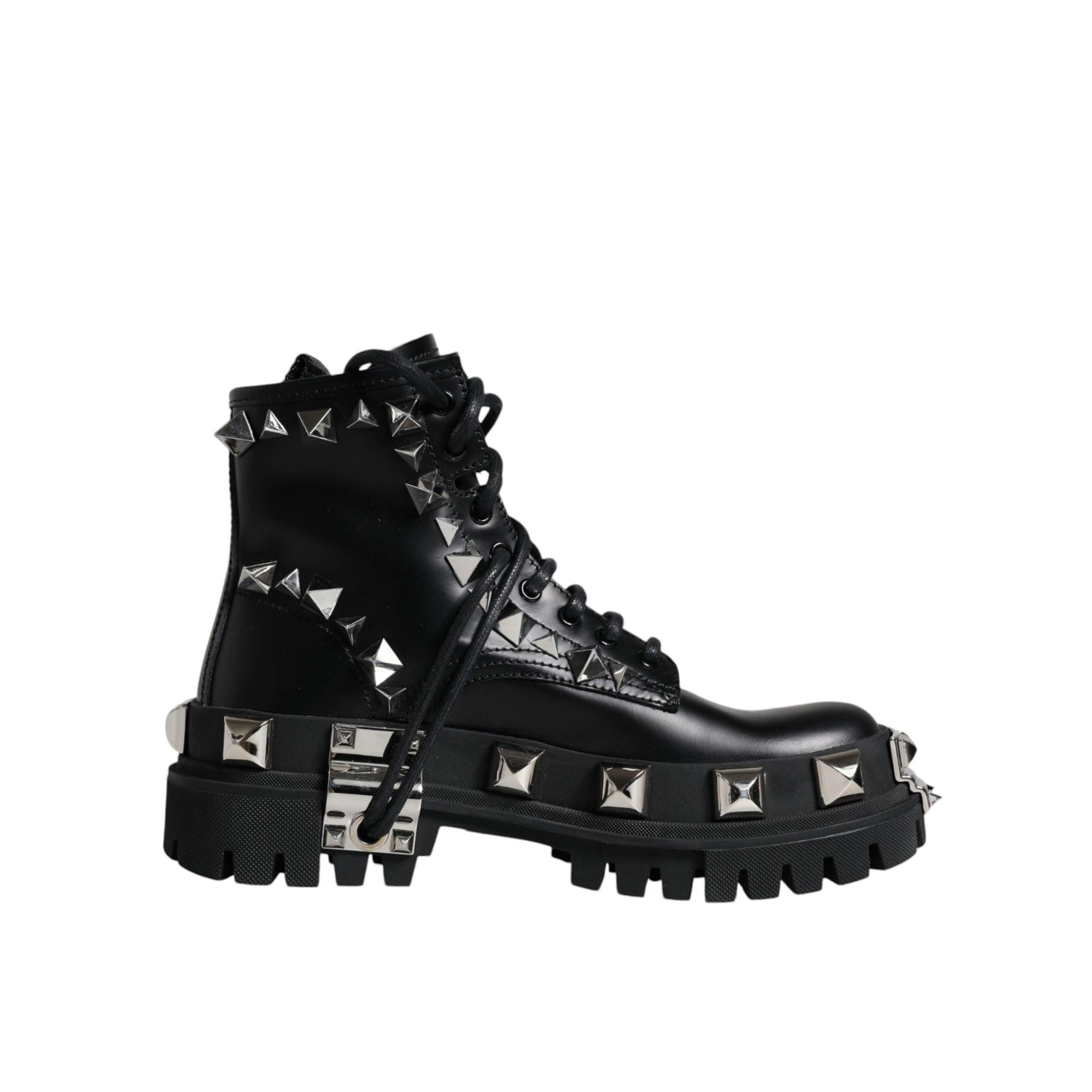 Dolce &amp; Gabbana Black Leather Studded Trekking Boots Shoes
