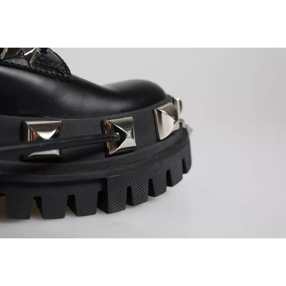 Dolce &amp; Gabbana Black Leather Studded Trekking Boots Shoes