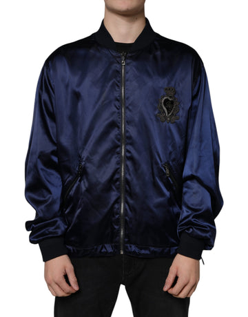 Dolce & Gabbana Blue Crown Heart Full Zip Men Bomber Jacket