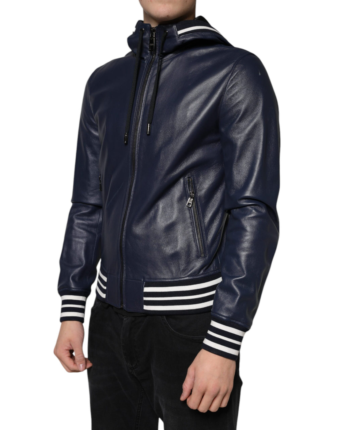 Dolce & Gabbana Blue Leather Full Zip Hooded Bomber Jacket