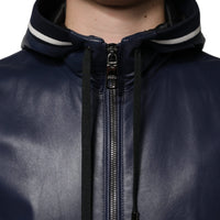 Dolce & Gabbana Blue Leather Full Zip Hooded Bomber Jacket