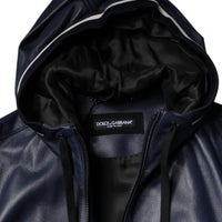 Dolce & Gabbana Blue Leather Full Zip Hooded Bomber Jacket