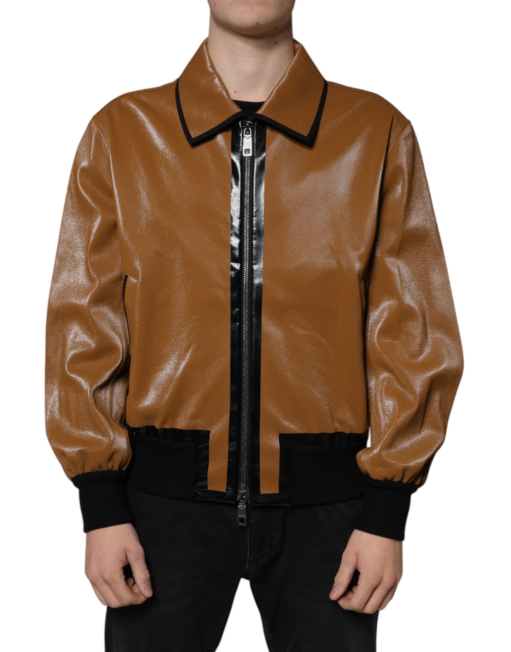 Dolce &amp; Gabbana Brown Leather Full Zip Men Bomber Jacket