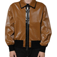 Dolce & Gabbana Brown Leather Full Zip Men Bomber Jacket