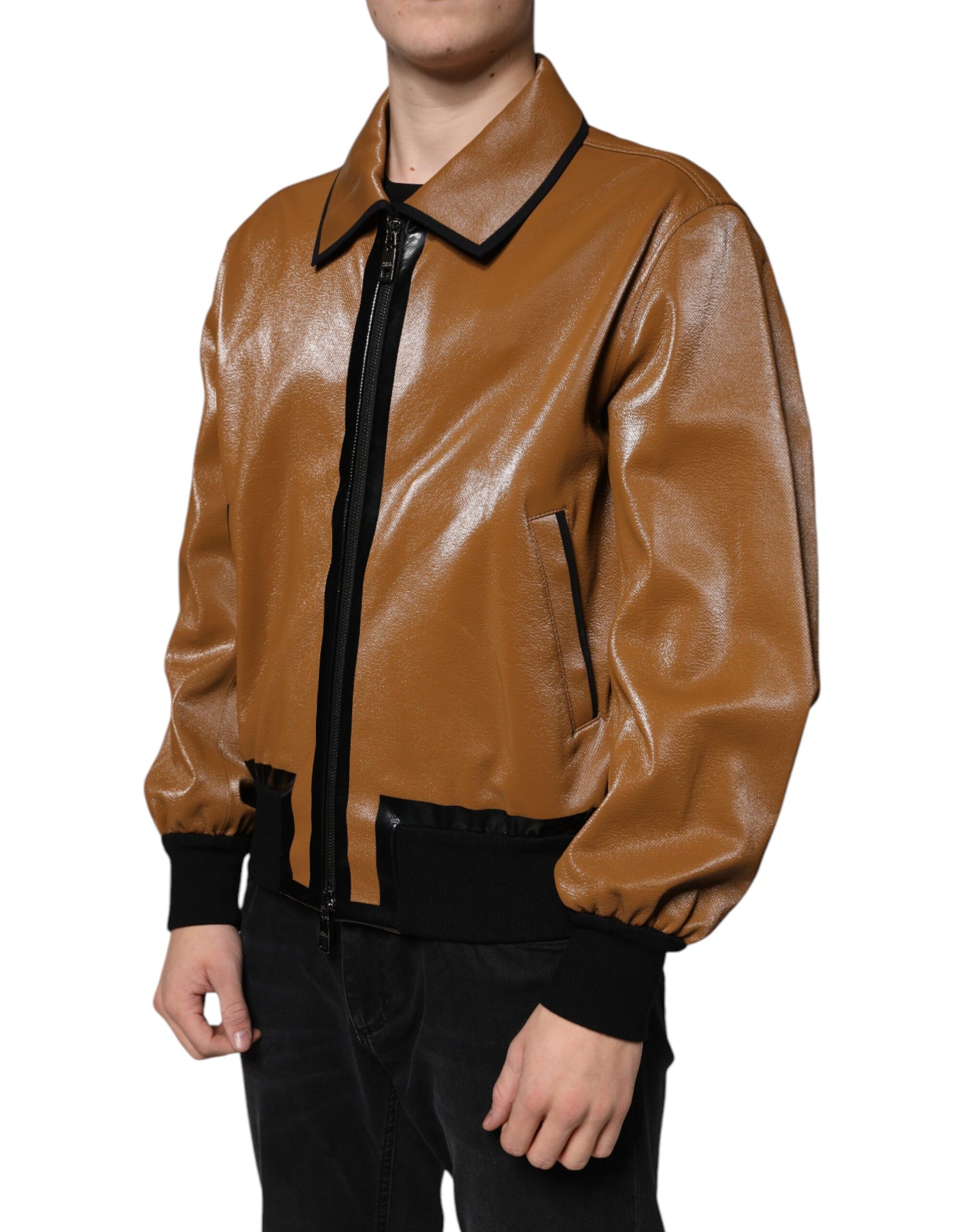 Dolce &amp; Gabbana Brown Leather Full Zip Men Bomber Jacket
