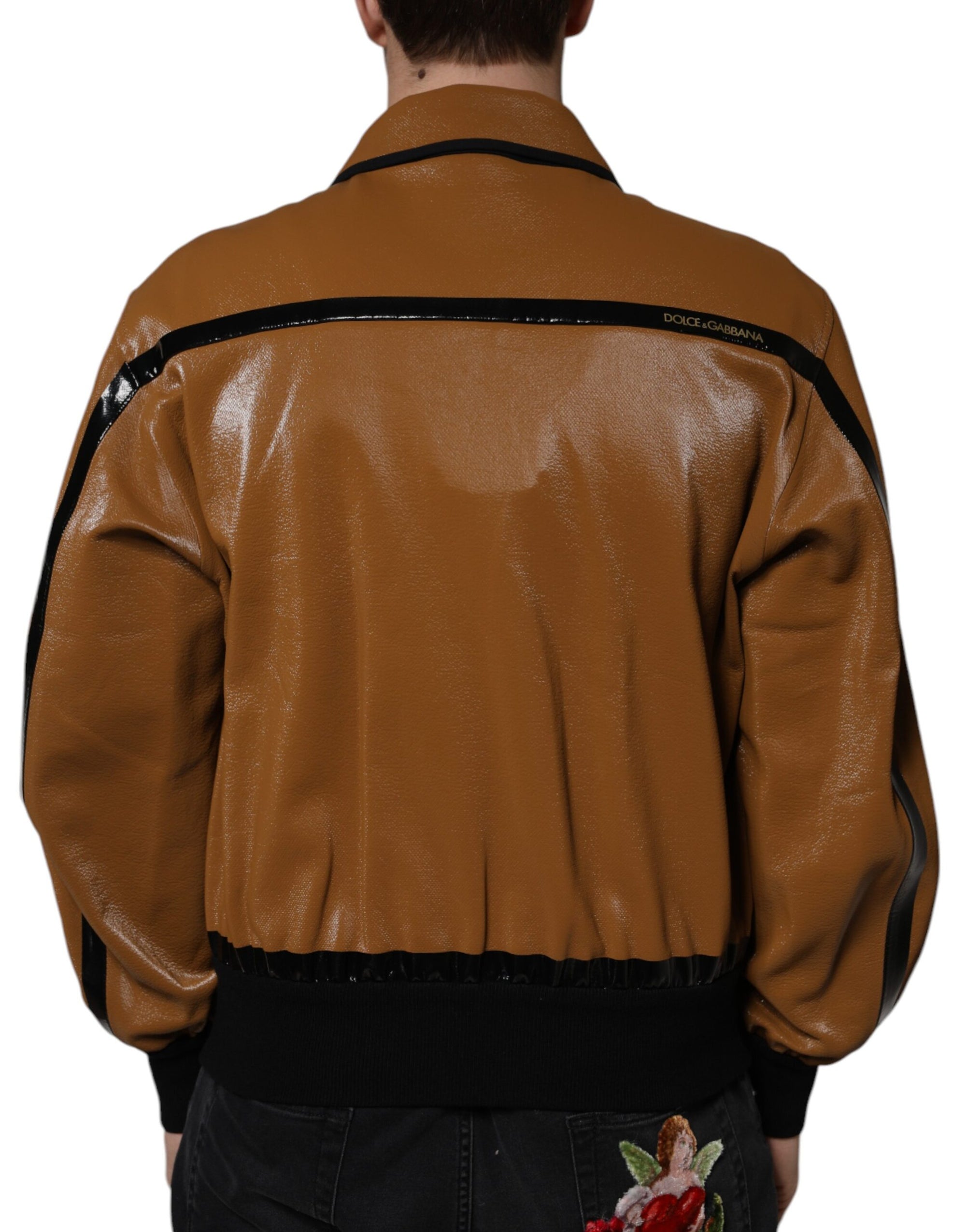 Dolce &amp; Gabbana Brown Leather Full Zip Men Bomber Jacket
