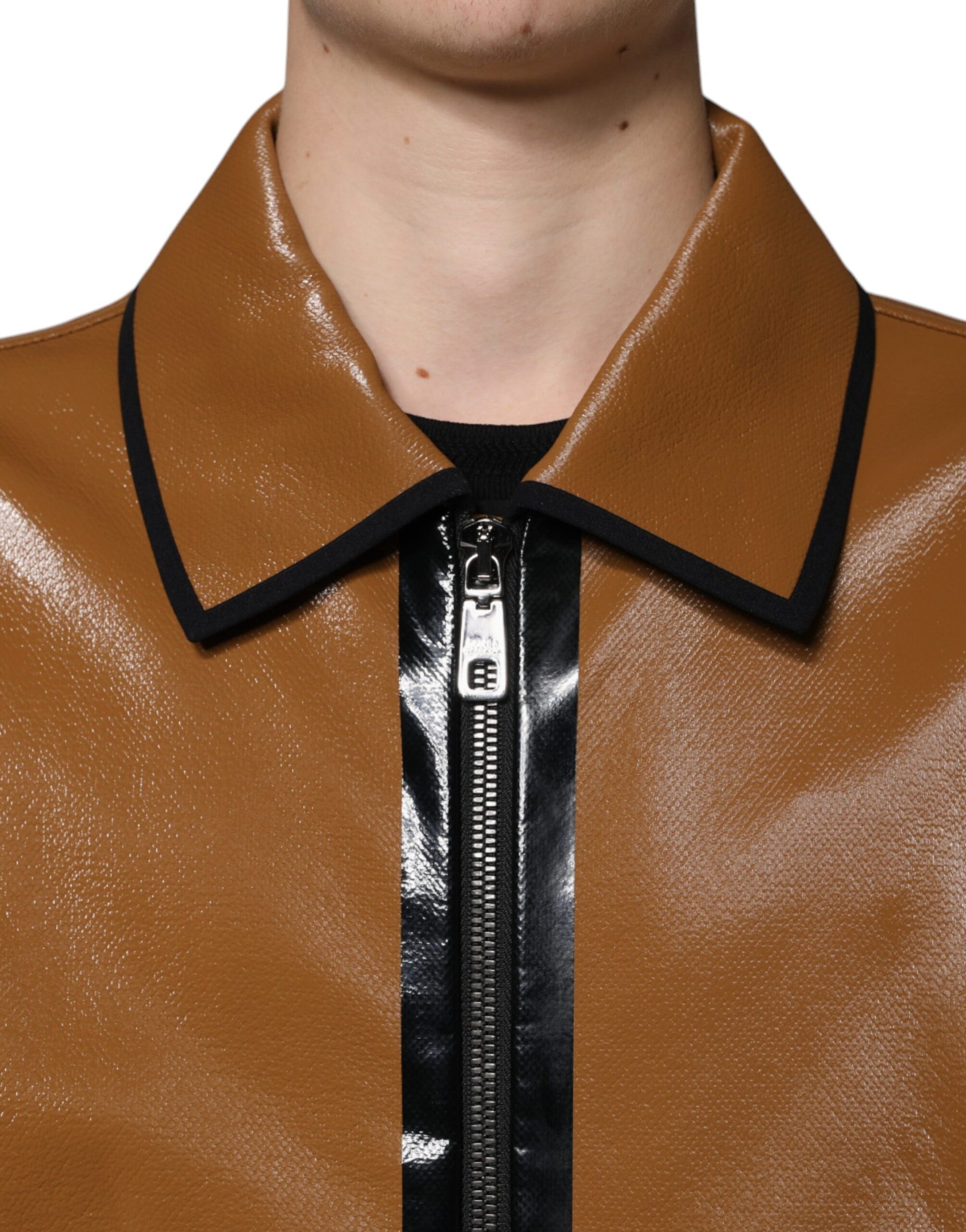 Dolce &amp; Gabbana Brown Leather Full Zip Men Bomber Jacket