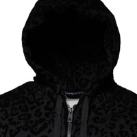 Dolce & Gabbana Black Leopard Cotton Hooded Full Zip Sweater