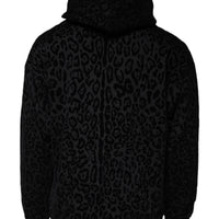 Dolce & Gabbana Black Leopard Cotton Hooded Full Zip Sweater