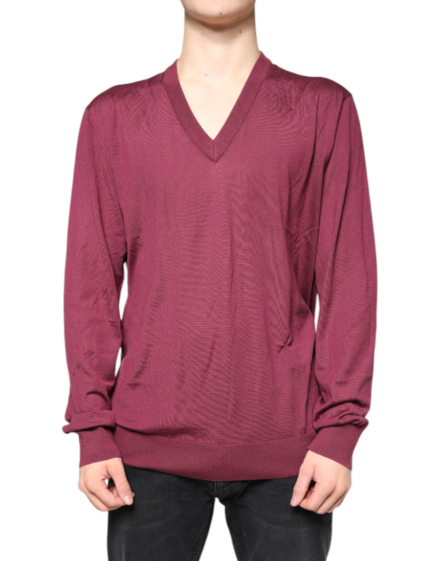 Dolce & Gabbana Maroon Cashmere V-neck Men Pullover Sweater