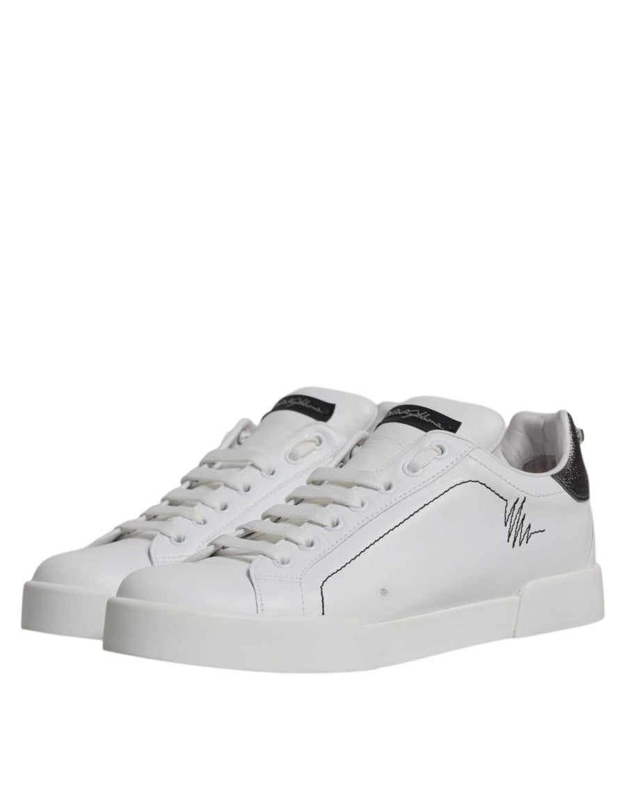 Dolce & Gabbana White Silver Leather Low Top Men Sneakers Shoes