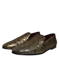 Dolce & Gabbana Gold Jacquard Flats Men Loafers Dress Shoes