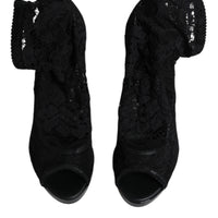 Dolce & Gabbana Black Stretch Taormina Lace Boots Shoes