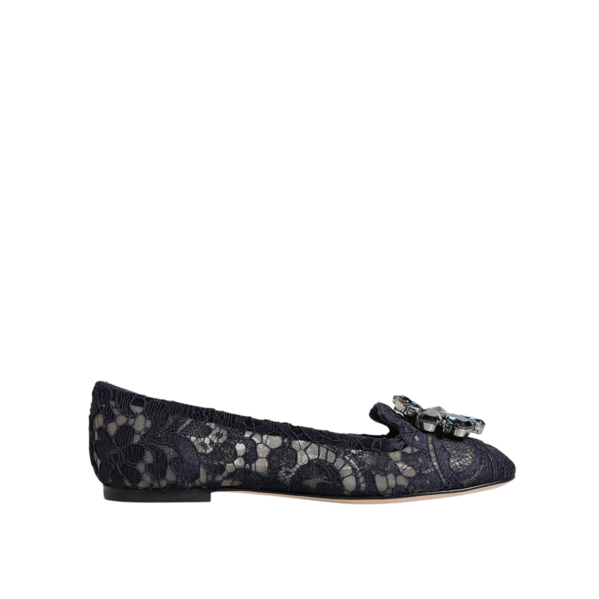 Dolce &amp; Gabbana Blue Taormina Lace Crystals Flats Shoes