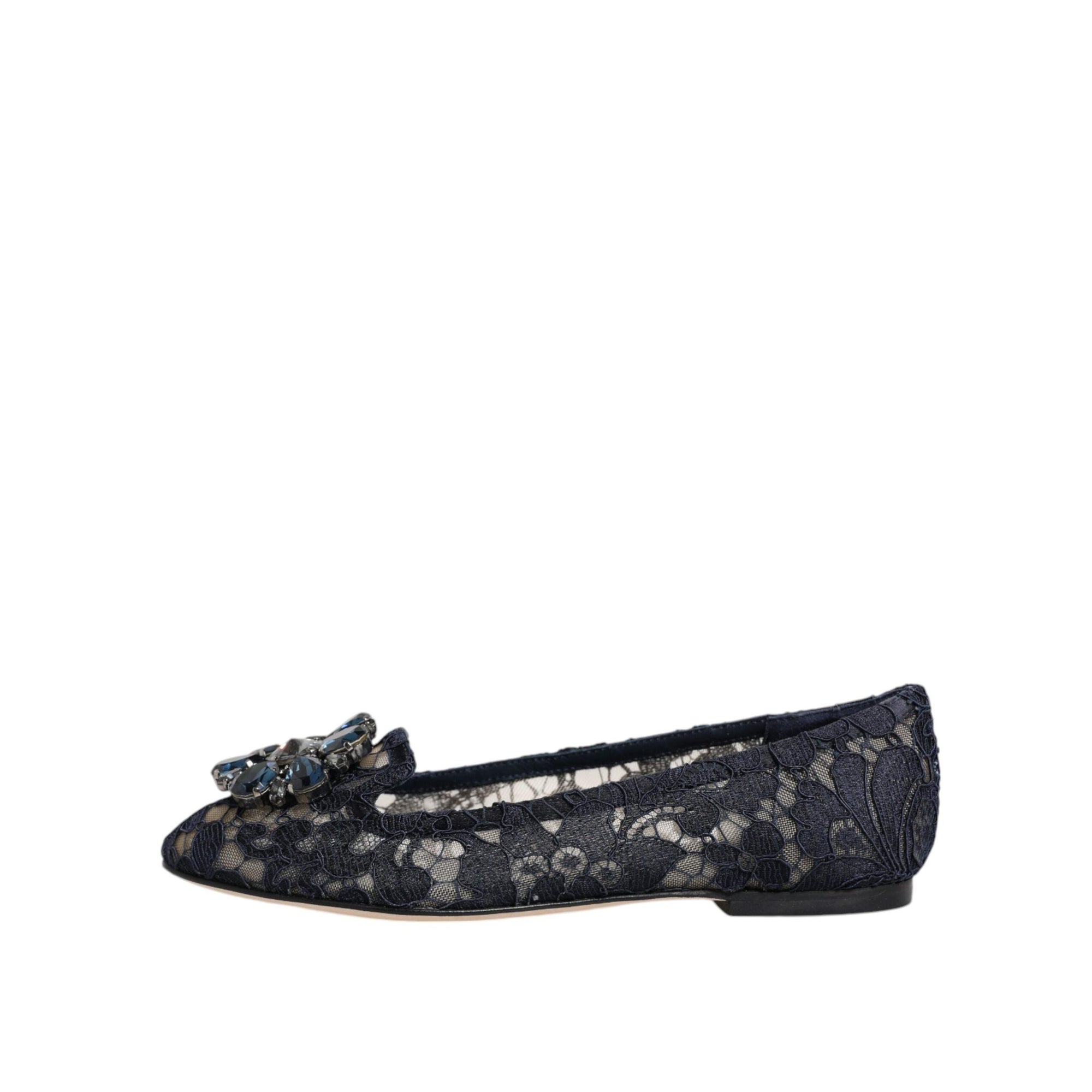 Dolce &amp; Gabbana Blue Taormina Lace Crystals Flats Shoes