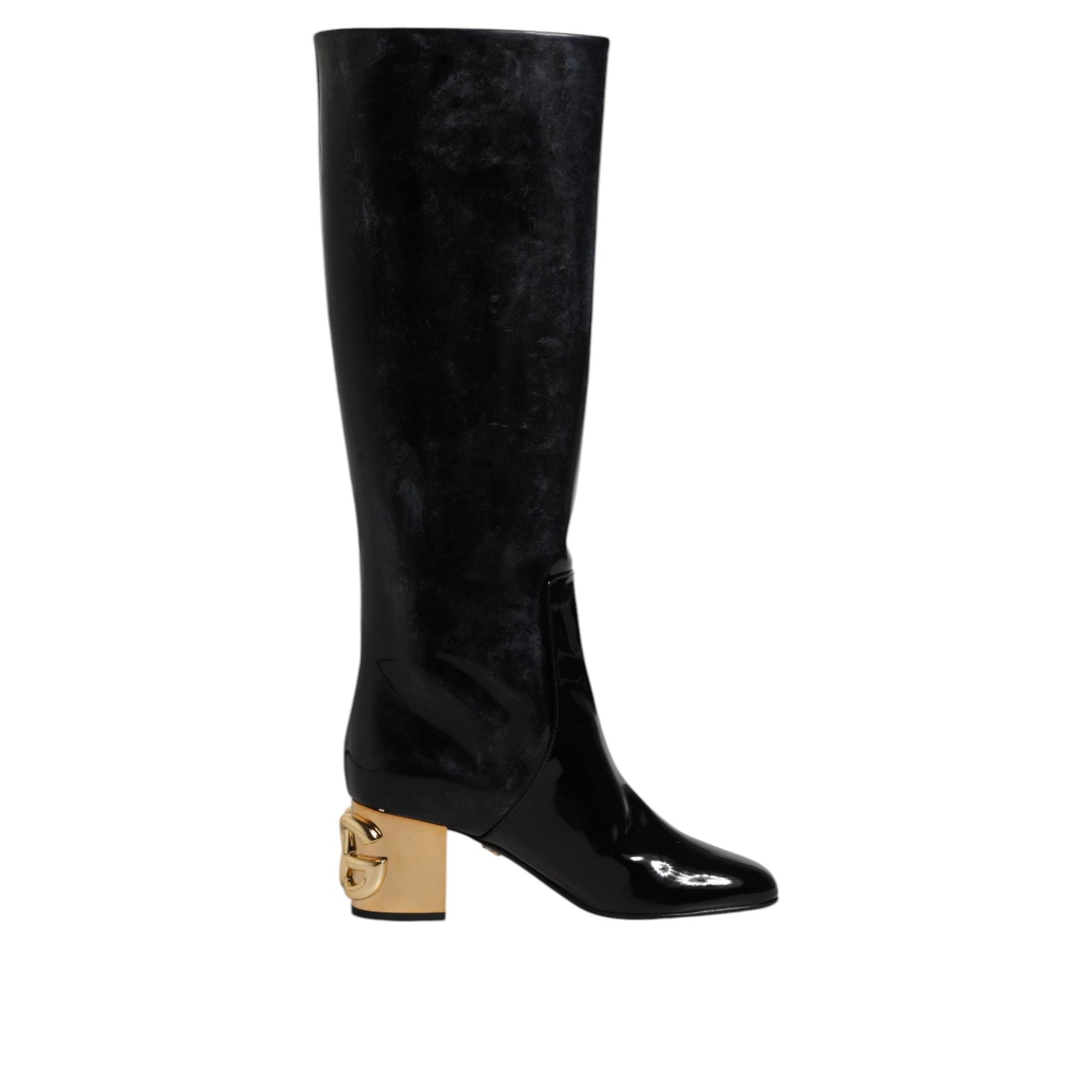 Dolce &amp; Gabbana Black Patent Leather Vally High Boots Shoes