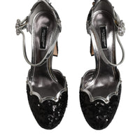 Dolce & Gabbana Black Silver Sequin Ankle Strap Sandals Shoes