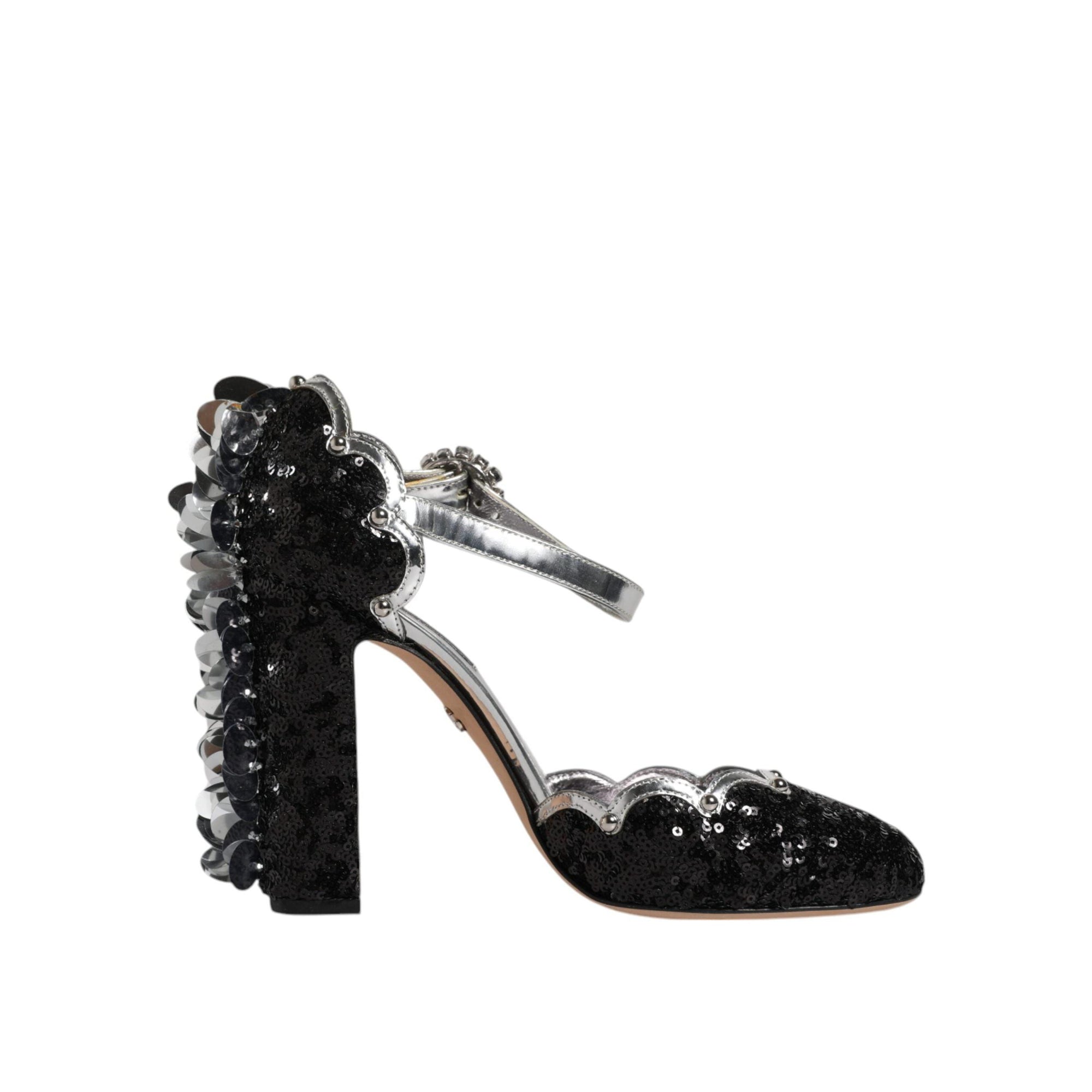 Dolce &amp; Gabbana Black Silver Sequin Ankle Strap Sandals Shoes