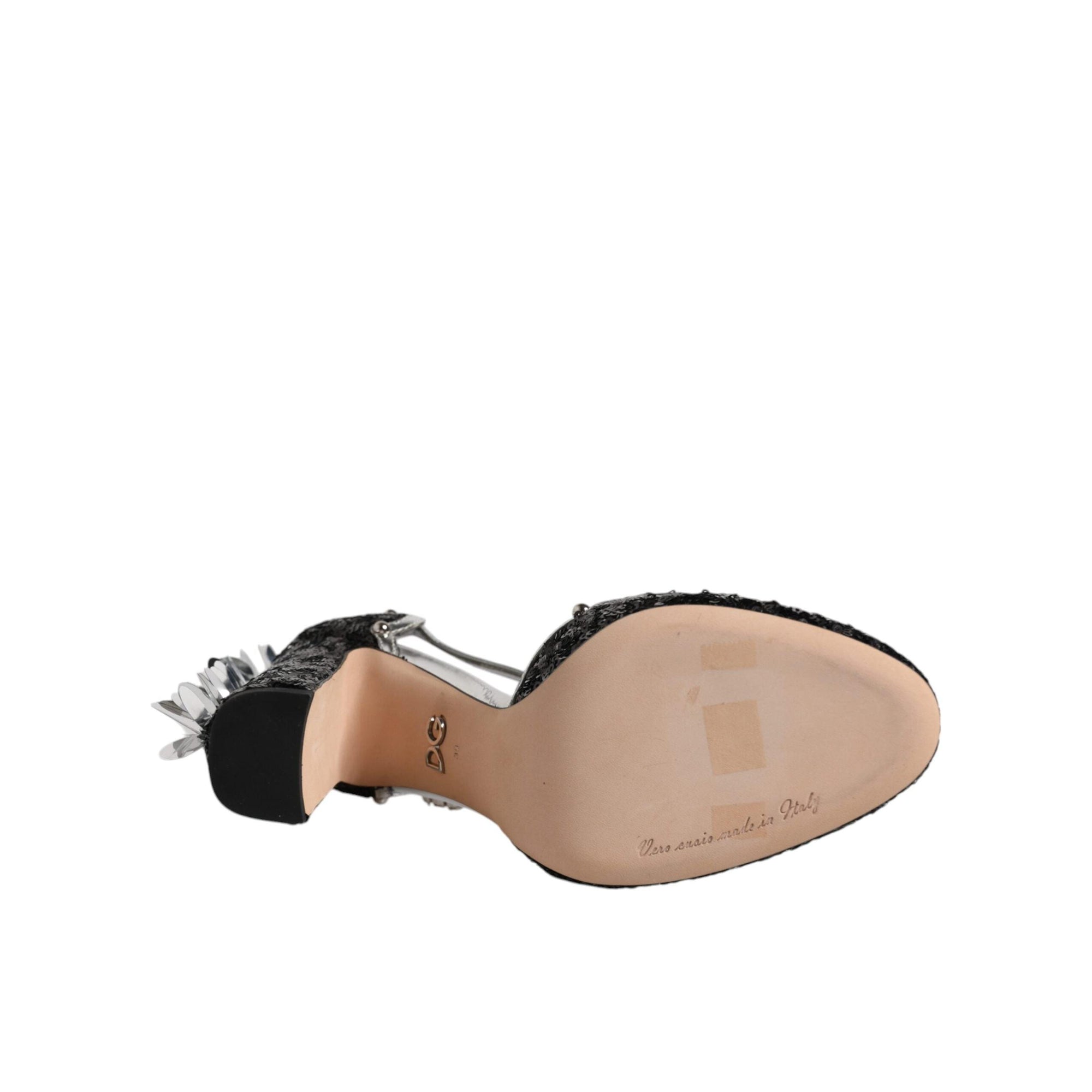 Dolce &amp; Gabbana Black Silver Sequin Ankle Strap Sandals Shoes