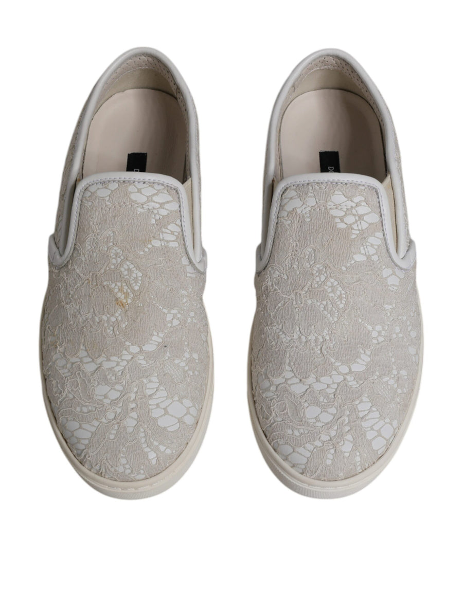 Dolce & Gabbana White Floral Lace Slip On Loafers Shoes